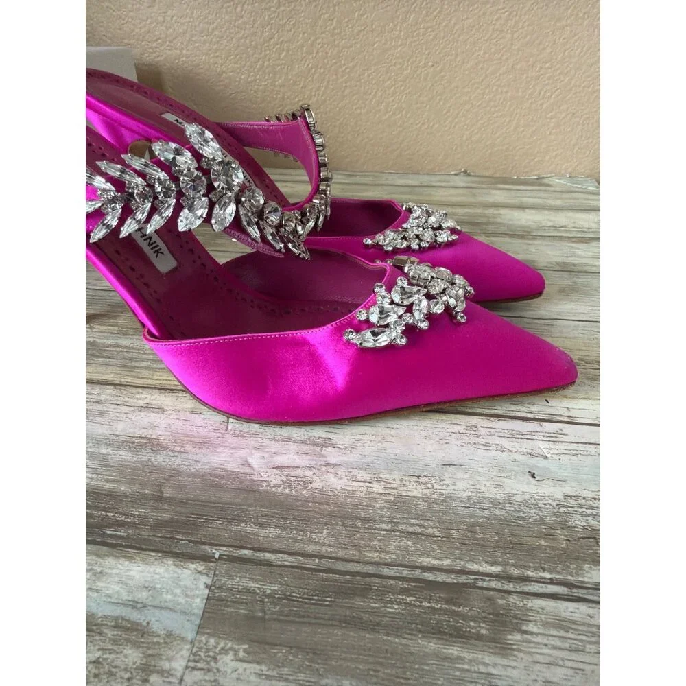 Manolo Blahnik Lurum Pink Satin Crystal 90mm Mule Heels EU 40 w/Box Dust Bag COA - Picture 8 of 16